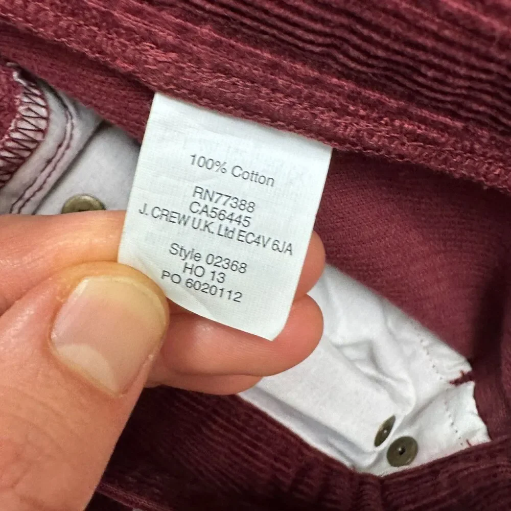 J.Crew Urban Slim Fit Corduroy Pants Mens 33x30 Maroon Red Cotton Flat Front